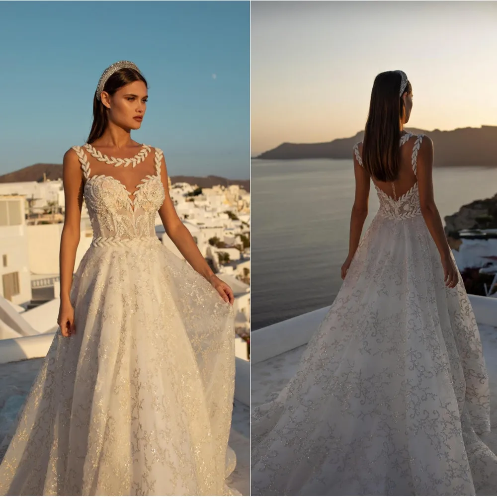 2020 uma linha vestidos de casamento o-pescoço sem mangas rendas apliques lantejoulas vestidos de noiva botão volta varredura trem vestido de casamento