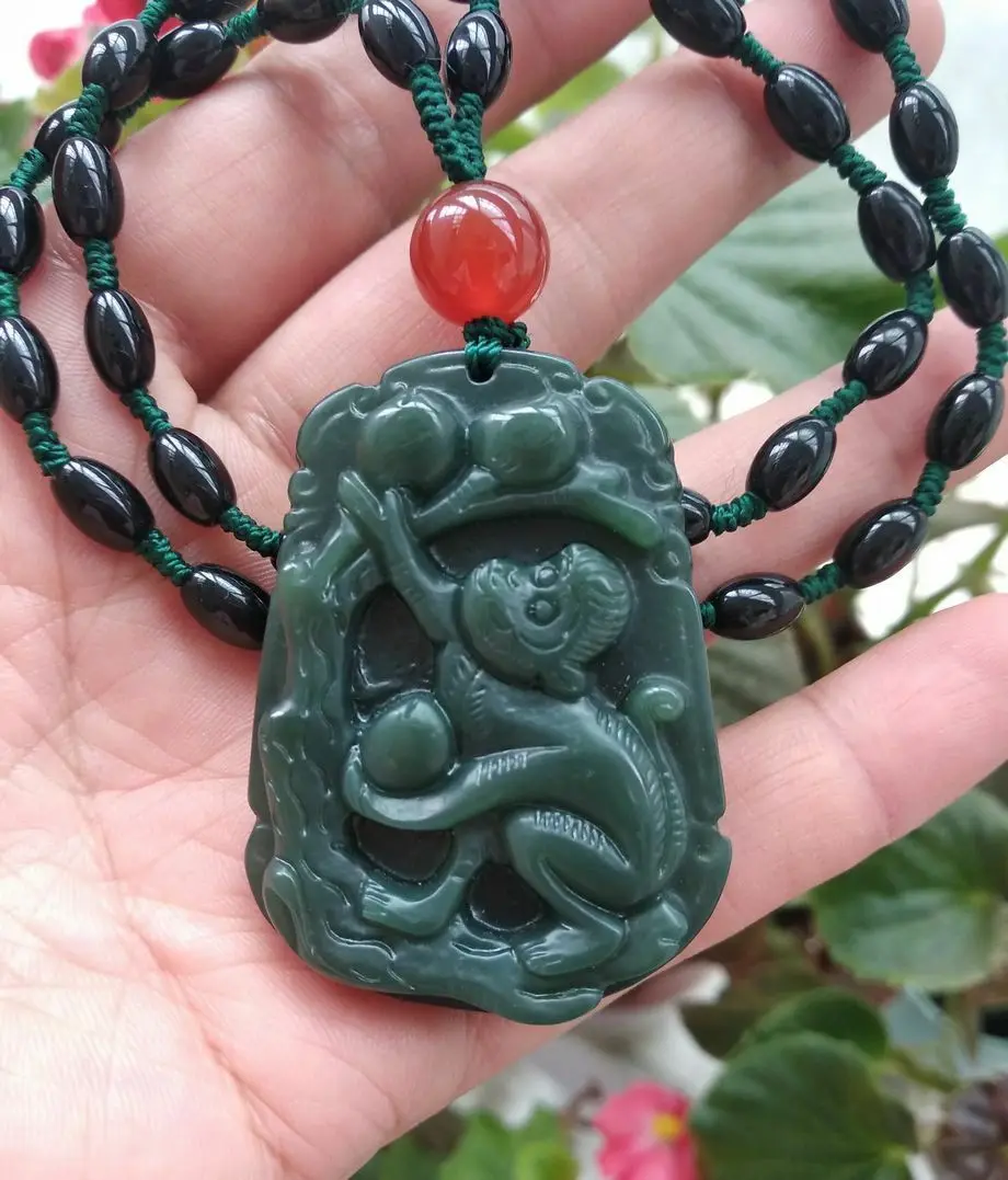 

Natural bottle Jade Pendant Amulet fortune monkey pick peach with bead Necklace