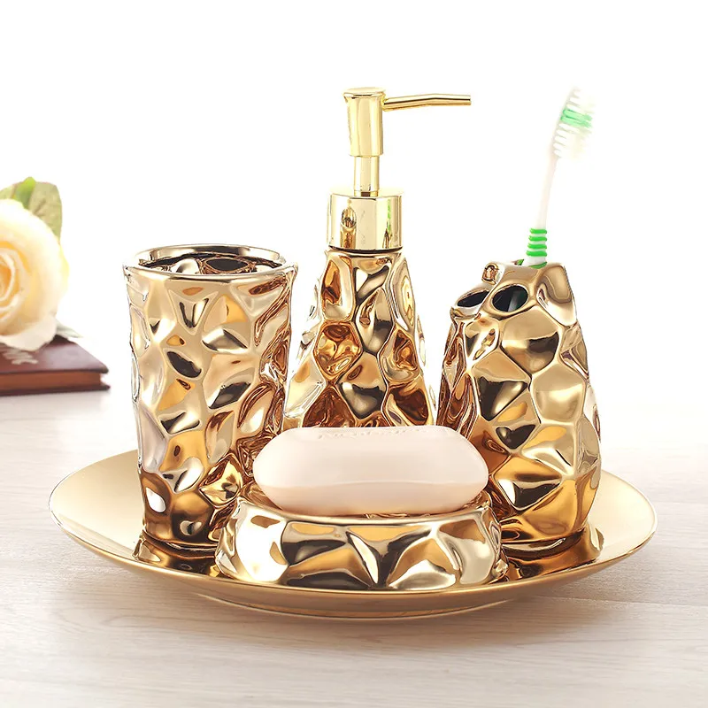 Bathroom Ceramic Wash Set Soap Dispenser Toothbrush Holder & Cup WIth Tray Creative Lavatory 4-5 Pieces Set Wedding Gift