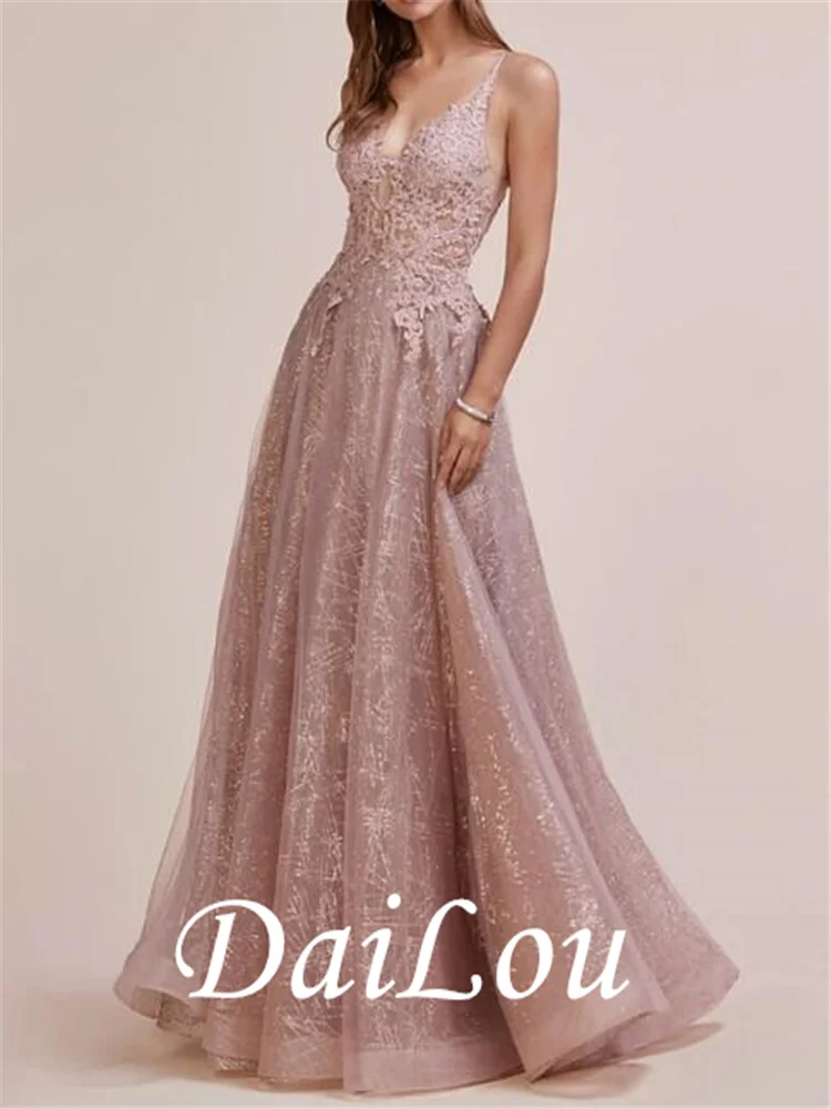 A-Line Sparkle fidanzamento Prom Dress scollo a V senza maniche lunghezza del pavimento pizzo con applicazioni di paillettes 2021