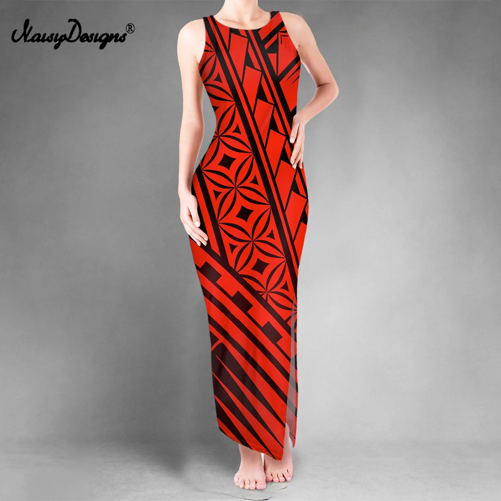 

Noisydesigns Sexy Bodycon Dress For Women Double Slit Vest Polynesian Tribe Pattern Red Club Lady Long Vestidos 2021 Sundress