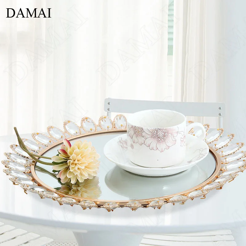 Crystal Metal Frame Trays Decorative European Modern Creative Sunflower Gilded Border Tea Cup Wine Storage Tray Home Decoration