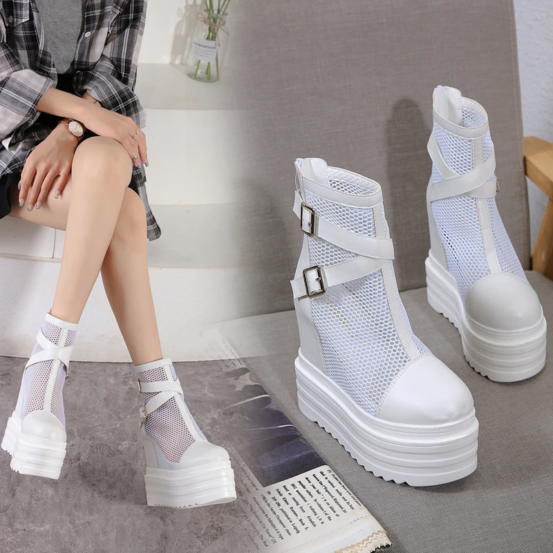 2024 Summer Breathable Womens Platform Boots Harajuku Chunky Heel Ladies Spring Shoes Thick Bottom Zipper Street Style