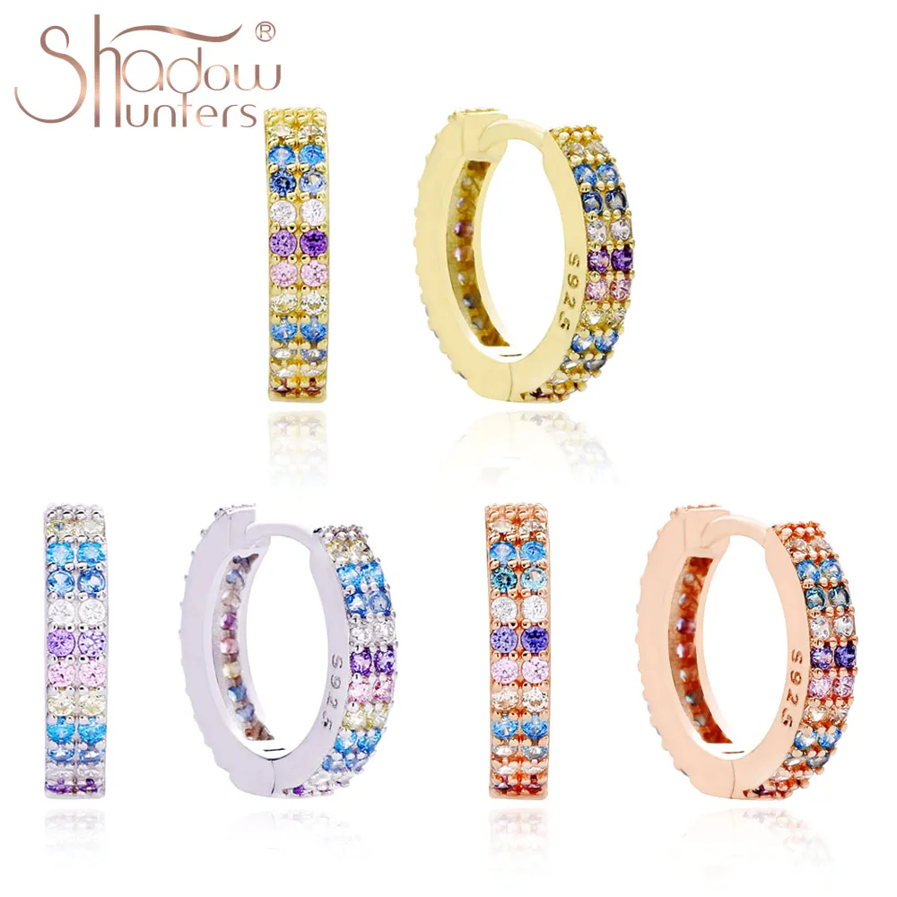 SHADOWHUNTERS 925 Sterling Silver Double Rows Zircon Huggie Hoop Earrings Trendy Colorful Earrings Women Jewelry Silver Piercing