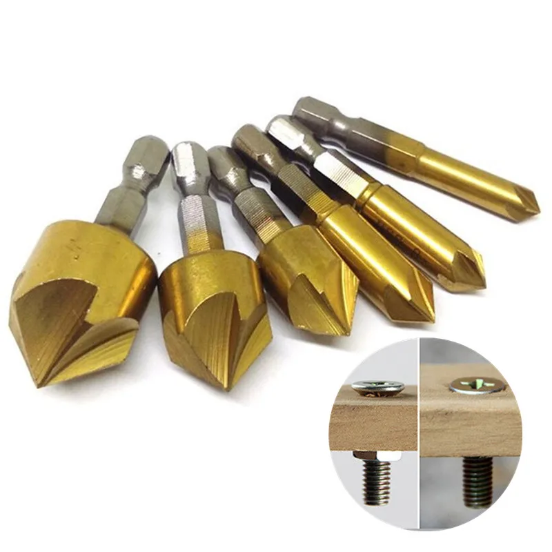 Punte da trapano per smusso svasato 3pcs/6pcs punte da trapano per legno con codolo esagonale placcato in titanio ad alta velocità