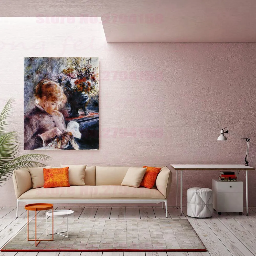 Auguste Renoir Replica Young Woman Sewing Jeune Femme Cousant Gladioli in a Vase Artwork Modern Home Decor Canvas Print Dropship