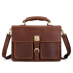 Fashion Retro large capacity leather mens briefcase top layer leather laptop bag crazy horse skin 15 inch computer Messenger bag