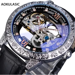 AOKULASIC Fashion Casual Self Winding Skeleton Tourbillon Trendy Carved Men Automatic Mechanical Waterproof Luminous Watches