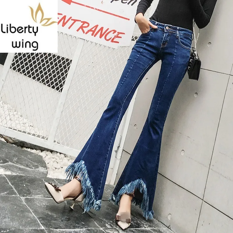 

Personality Tassel Flare Jeans Women Autumn Winter Slim Vintage Bell-Bottomed Pants Casual Blue Zipper Office Denim Trousers