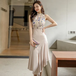 Fashion Chiffon Summer 2 Pieces Outfit Women Mujer Print Sleeveless Tops Shirt And High Waist Midi Skirt Slim Set Street Clothes