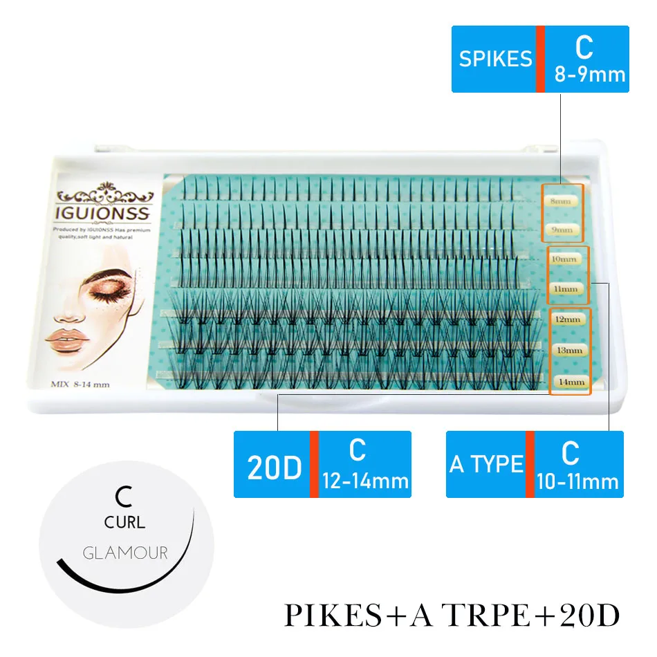 IGUIONSS 7 rows 200 pcs lashes Self-Grafting Cluster Lashes Fairy lashes Type A lashes 20D 8-14mm Mixed Pack C Curl 0.07mm