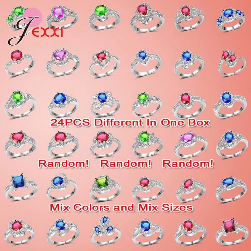 Top Sale Mixed Color Finger Rings 24pcs 925 Sterling Silver Shiny Cubic Zirconia Statement Rings Wholesale/Retail Price