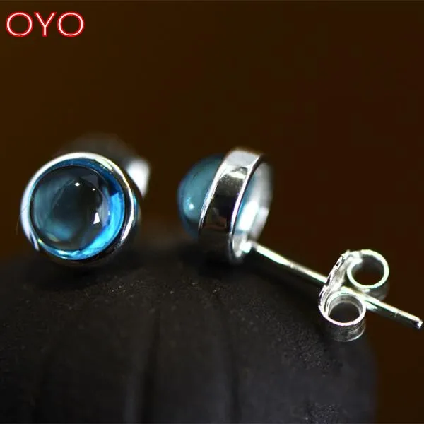 S925 sterling silver hand inlaid natural blue topaz gemstone earrings