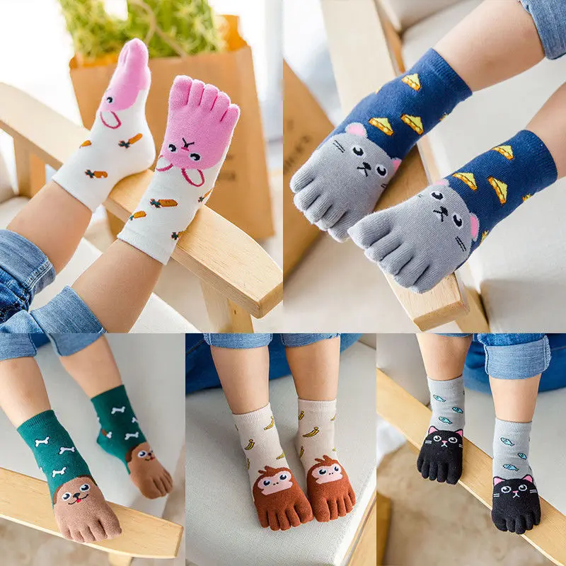 Kids Baby Girls Boys Winter Warm Cotton Socks Cute Animal Cartoon Five Fingers Short Sock Casual Ankle Toe Socks 3-12Y