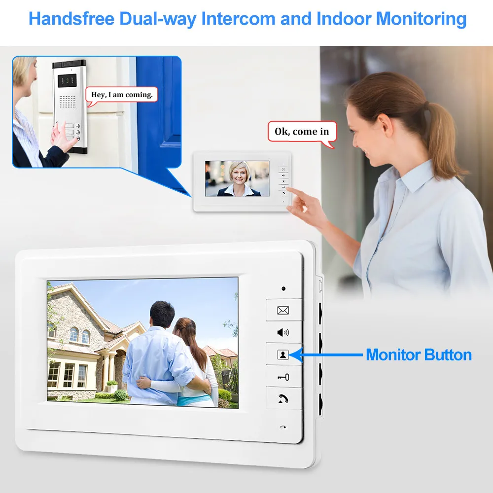 Wired Video Doorbell Intercom Indoor Monitor 7 inch Color TFT-LCD Screen 12/25 Ringtone Two-way Audio Door Phone Panel for Home