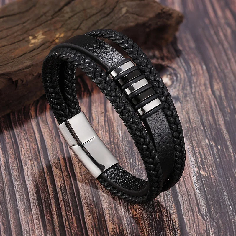 European And American Popular Stainless Steel Leather Bracelet Men\'s Multilayer Woven Leather Bracelet