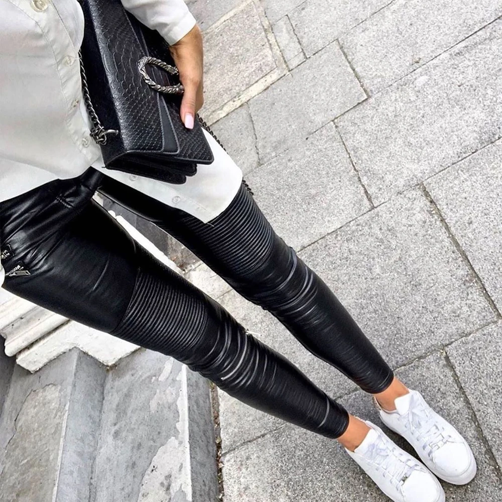 Shascullfites Black Leatherette Trousers Women's Casual Ankle Pants Woman Elastic Faux Patent Leather Leggings Dropshipping