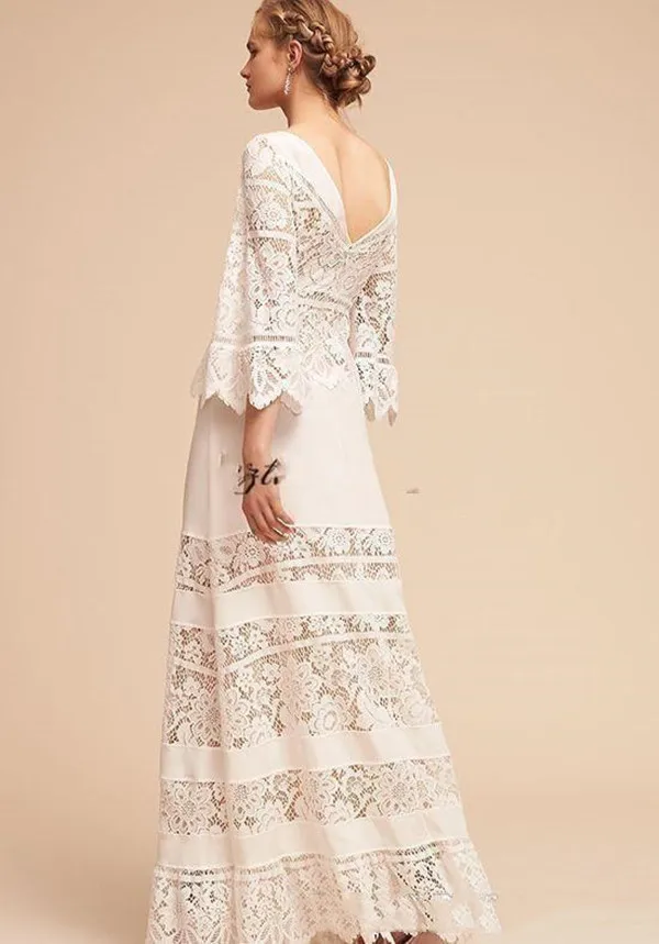 Bohemian Fairy Wedding Dresses with Flare Long Sleeve 2021 v-neck Lace Country Garden Bride Reception Dress robe de mariée