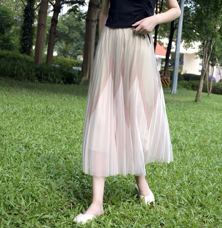 

2021 Women Summer A-Line Mesh Pleated Skirt Contrast Color Stretch High Waist Long Skirt Femme Faldas Jupe Saia Women Boho Skirt