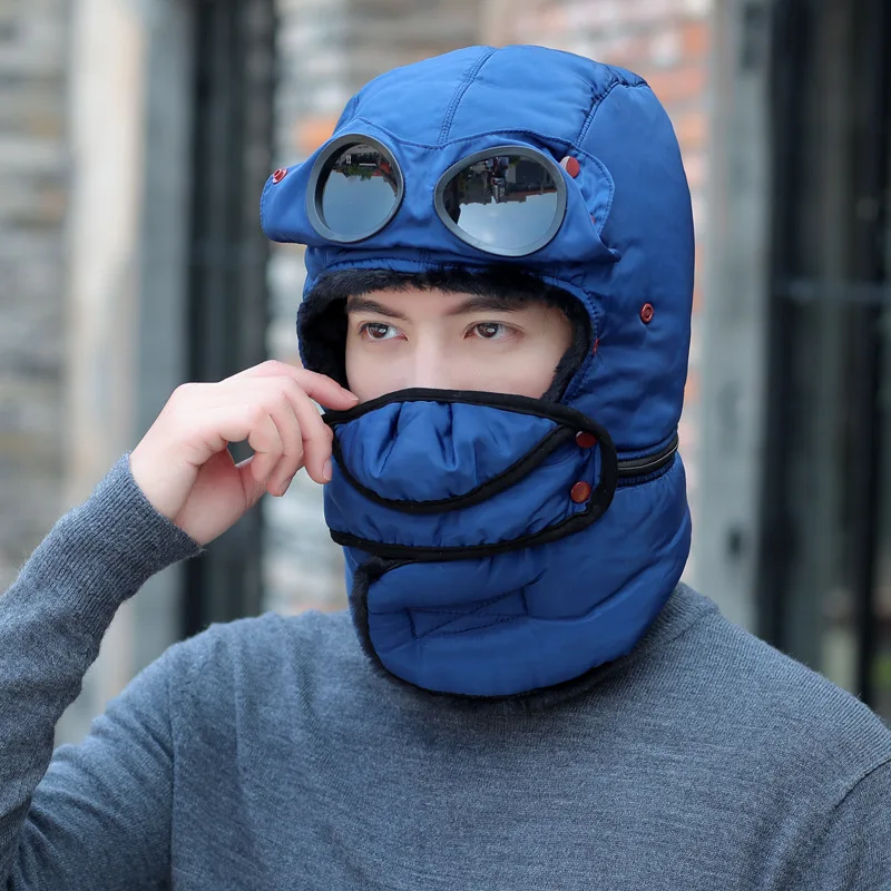 2023 Winter Bomber Hat with Glasses Masks Windproof Hood Pilot Russian Hats Warm Earflap Trapper Cap Adult Balaclava Ski Caps