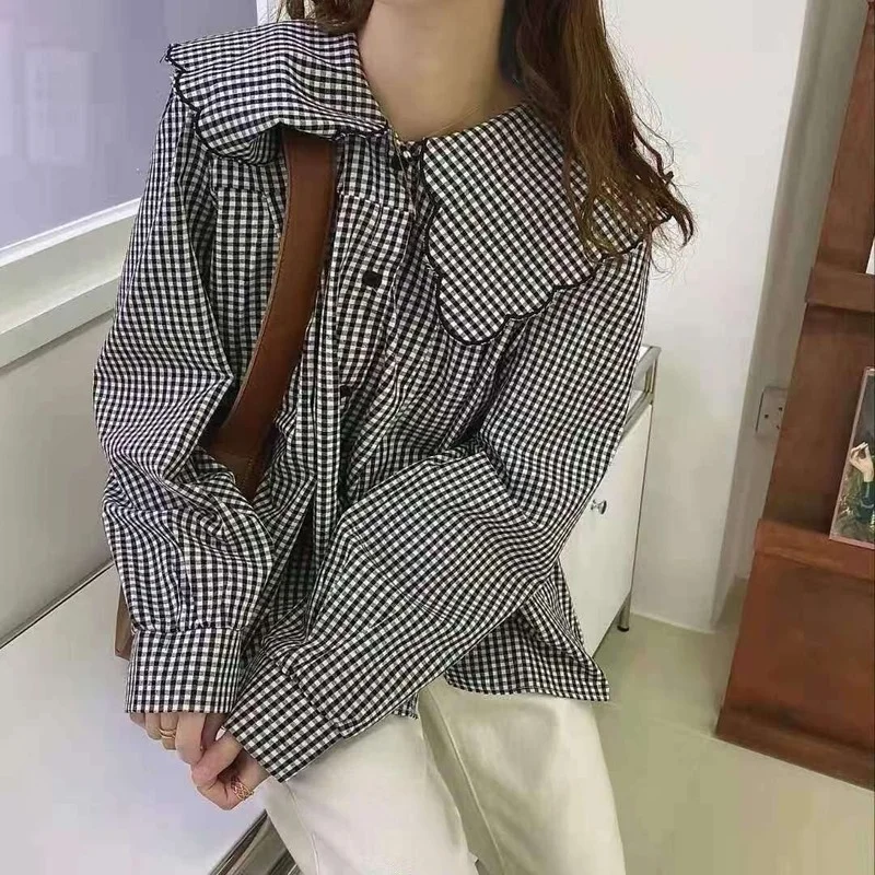 Spring Shirt Womens Lovely Elegant Soft Student Simple Plaid All-match Chic Tops Peter-pan-collar Fashion Vintage New Clothing