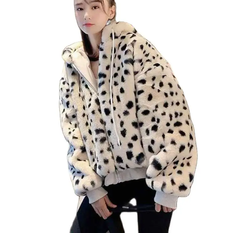 

Sweet Cute Hooded Rabbit Ear Furry Velvet Women's Coat Imitate Otter Rabbit Fur Leopard Fur Overcoat Short Ladies Jacket