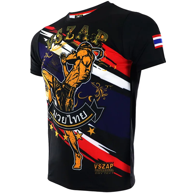 Men Tshirt VSZAP Quick Dry New Muay Thai Broadcasting Sanda Fighting T-Shirt Elastic Cotton Fighting T Shirt MMA Homme