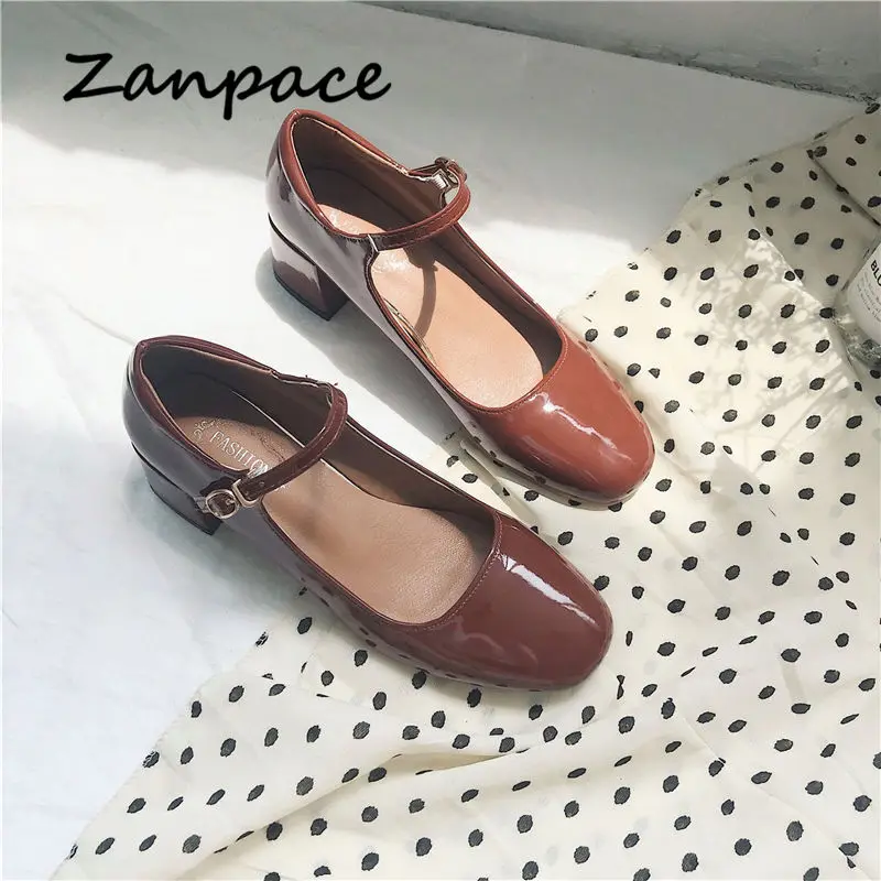 New Spring Shallow Shoes for Women 2021 Casual Thick Heeled Leather Women's Shoes Mary Janes Black Buckle Strap PU Flats Shoes