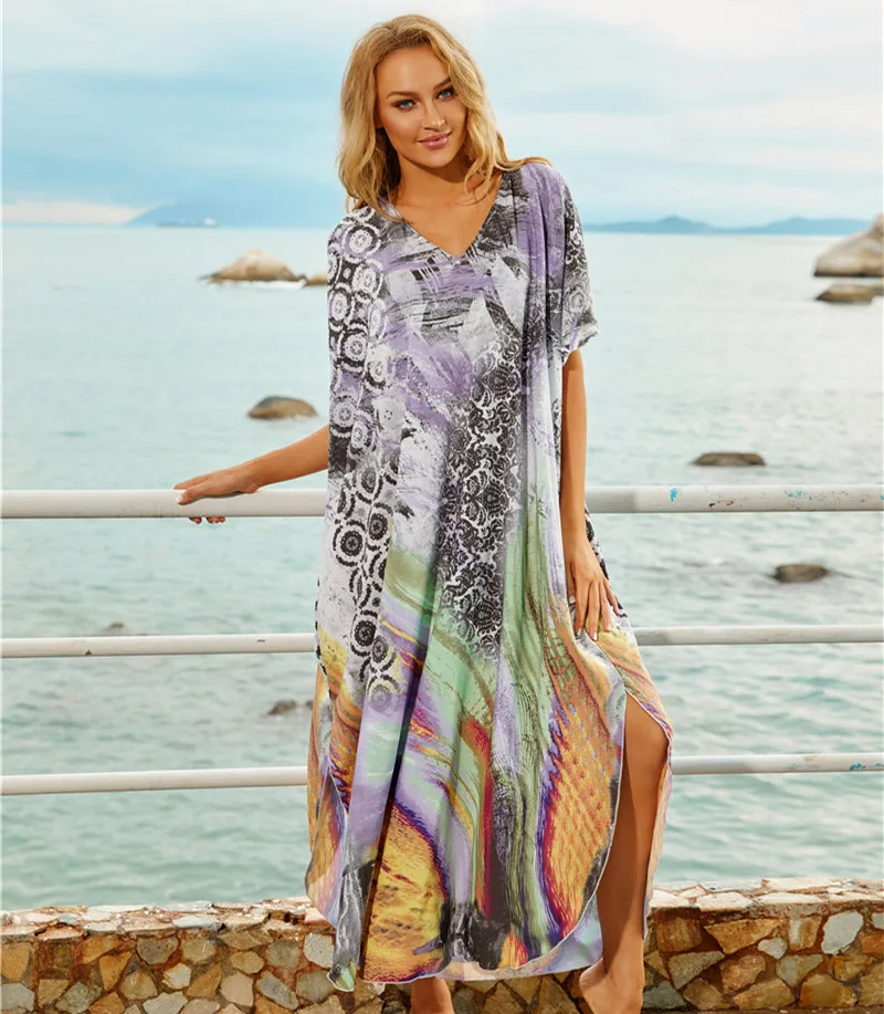 

Sexy V Neck Bohemian Women Summer Beach Dress Swim Wear Cover Up Tunic Robe Kaftan Beach Bikini Cover-ups Pareo