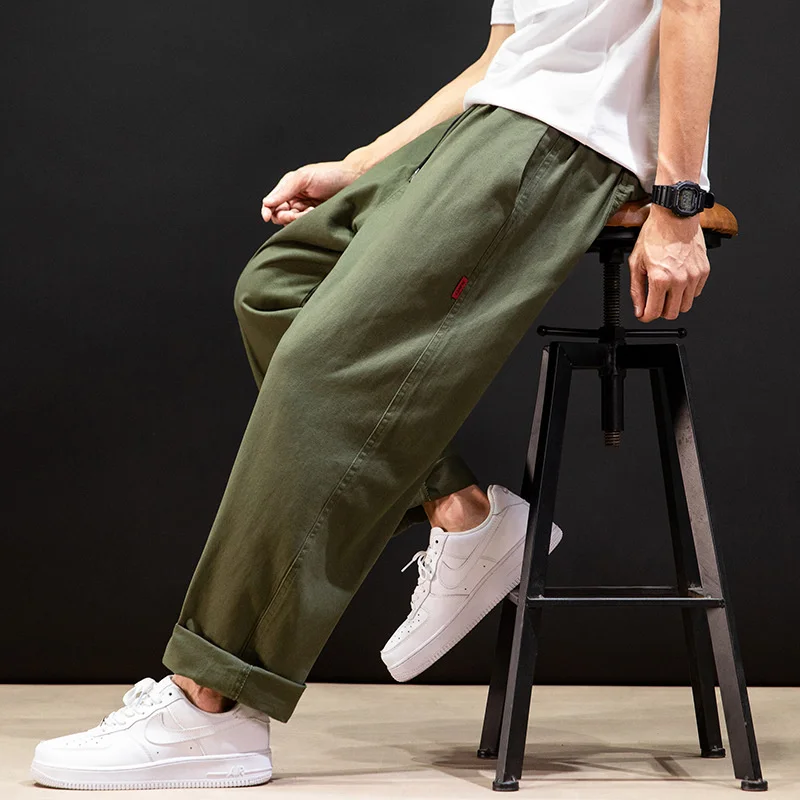 Casual Pants Autumn Japanese Harajuku Wind Army Green Wide-Leg Overalls Men's Straight Loose Pants Trendy Brand Fat Plus Size