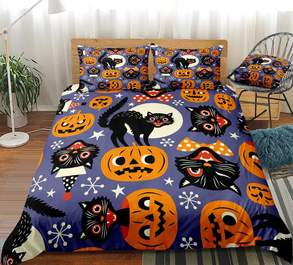 Halloween Duvet Cover Set Black Cats Quilt Cover Cartoon Bedding Set King Dropship Pumpkin Home Textiles Kids Boys Girls 3pcs