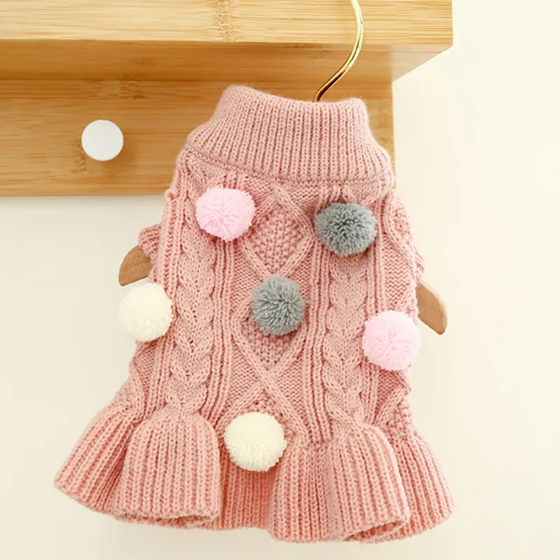 Warm Dog Cat Clothes Pet Knitted Sweater Dress Warm Skirt Pet Puppy Small Dog Chihuahua Cute Pompom Princess Dress For Dogs