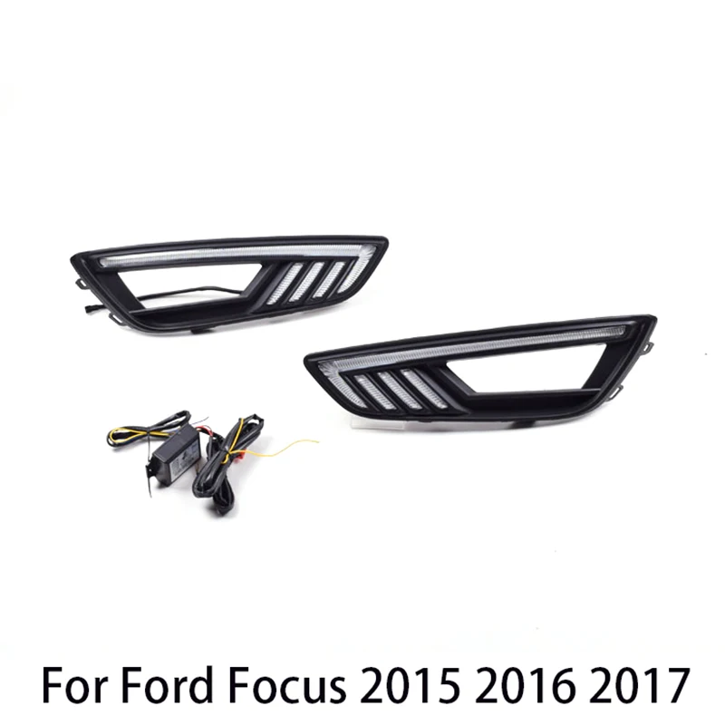 2Pieces Car LED Daytime Running Lights Turn Signal Flashing Yellow Replace Fog Lamp Covers DRL 12V for Ford Focus 2015 2016 2017