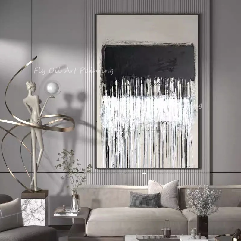 100% Handmade black and grey canvas simple oil painting vertical handmade abstract art decorative no frames artwork gift