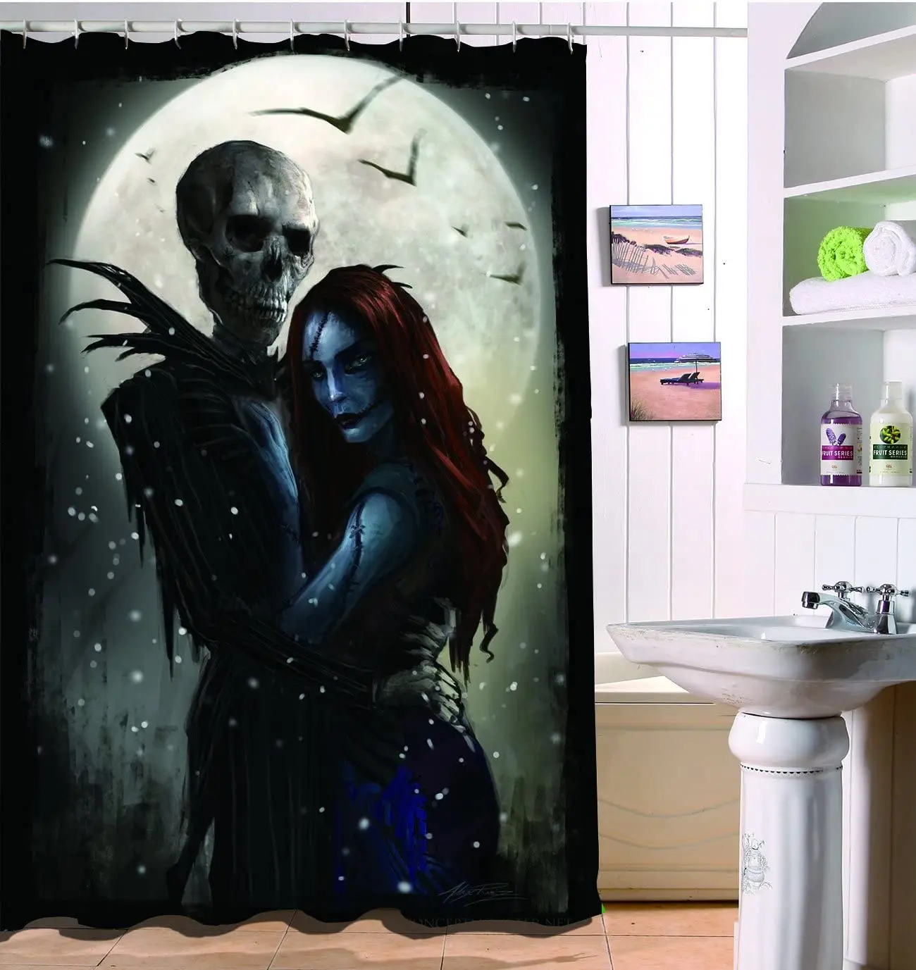 Mr Skull and Mrs Vampire Bride Love Theme Skull Shower Curtains for Bathroom