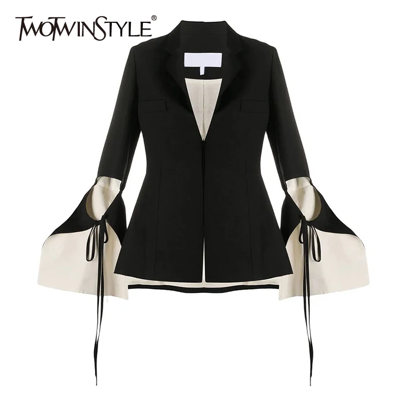 TWOTWINSTYLE Hollow Out Black Blazer For Women Notched Flare Long Sleeve Lace Up Bowknot Solid Blazers Female Fashion New 2021