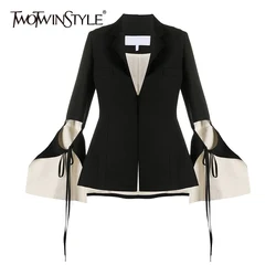 TWOTWINSTYLE Hollow Out Black Blazer For Women Notched Flare Long Sleeve Lace Up Bowknot Solid Blazers Female Fashion New 2021