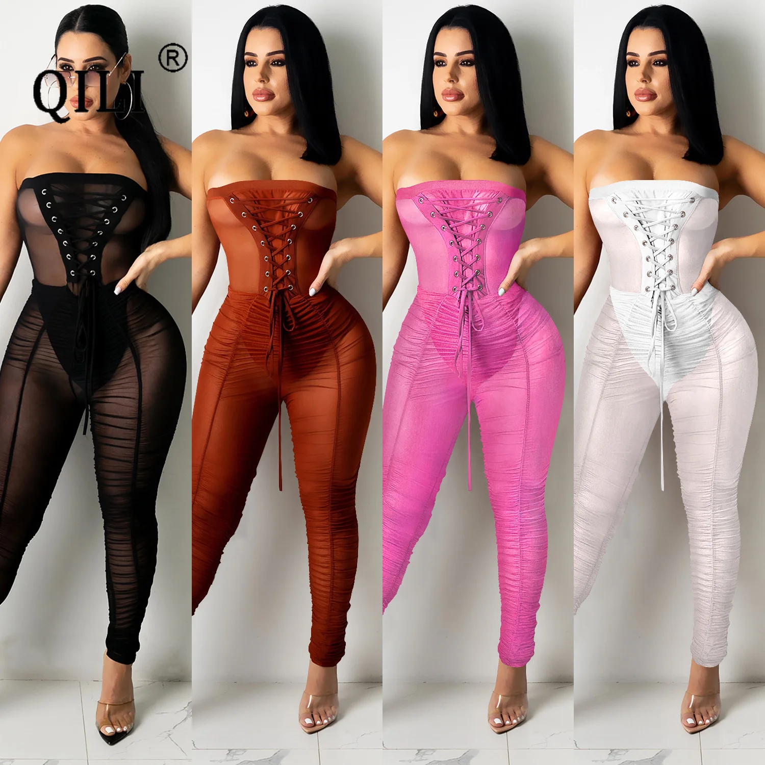 

QILI-Sexy Strapless Lace Up Jumpsuits, Mesh, Black, White, See Through, Sleeveless, Skinny, Full Length Pants, Jumpsuit, C