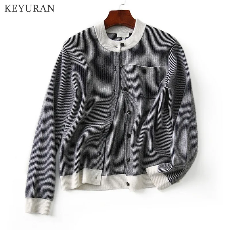 Women\'s Kitted Cardigan Jacket  Female 2021 New Autumn Winter Round Collar Casual Long Sleeve Striped Cardigans Sweater Outwear