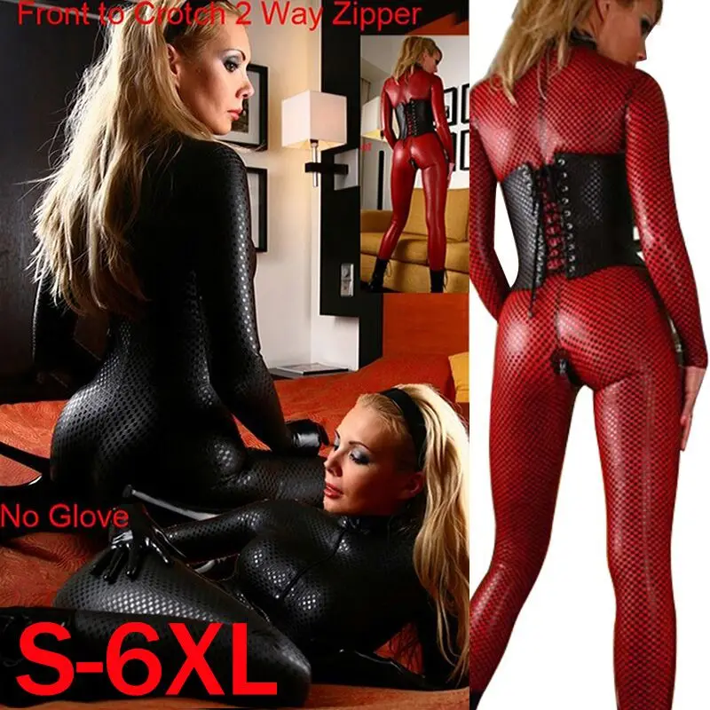Plus Size Wholesale new fashion red black faux leather jumpsuit front to crotch 2 way zipper Sexy Latex Catsuit ClubWear