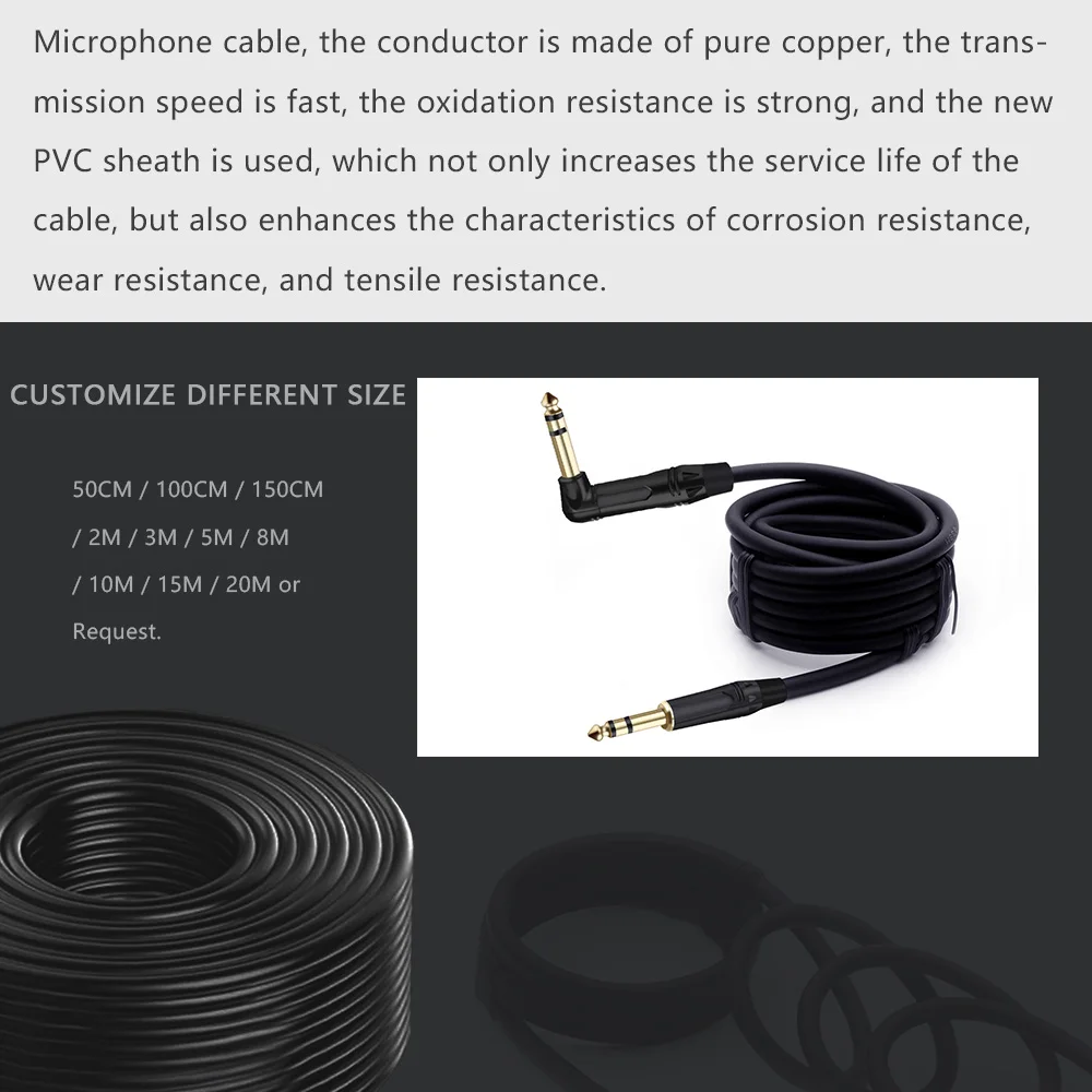 Guerguo 0.3m-15m 0.3 6.35mm Stereo Male to Right Angle 1/4 TRS Jack Male Cable Luxury Gunmetal Microphone Plug Speaker Connector