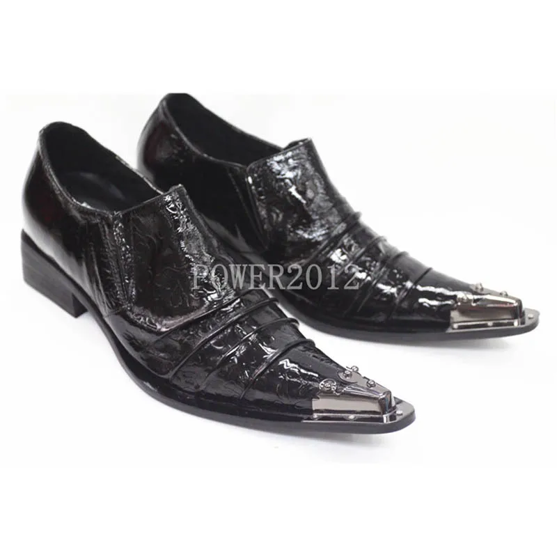 ntparker 2025 New vintage Rock Leather Man\'s Leather Shoes Personality Pointed Metal Toe Black Leather Dress Shoes for man