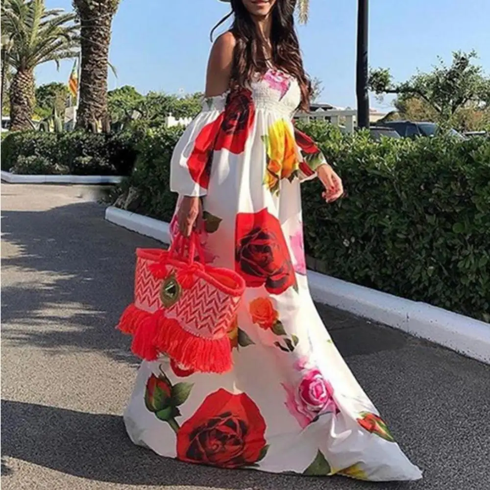 Hot Sales!! Holiday Boho Women Off Shoulder Backless Flare Sleeve Floral Print Maxi Dress Beach Bohemia Female Vestidos Dropship