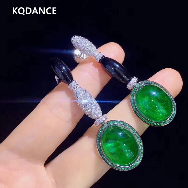 

KQDANCE Luxury Solid 925 Sterling Silver Created Green Pearl Gemstones Black Enamel Drop Earrings with Big Stone Fine Jewelry