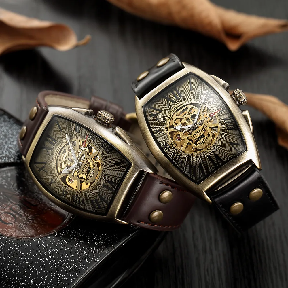 Fashion Vitage Men Watches Shenhua Skeleton Skull Watches Men Automatic Mechanical Watches Leather Men Watches Relogio Masculino