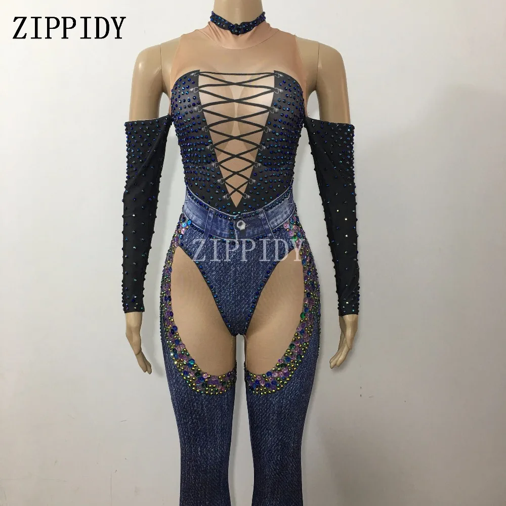 

Shining Blue Jeans Rhinestones Jumpsuit Sexy Denim Printed Costume Bling Women's Sequins Bodysuit Rompers Female Prom Outfit