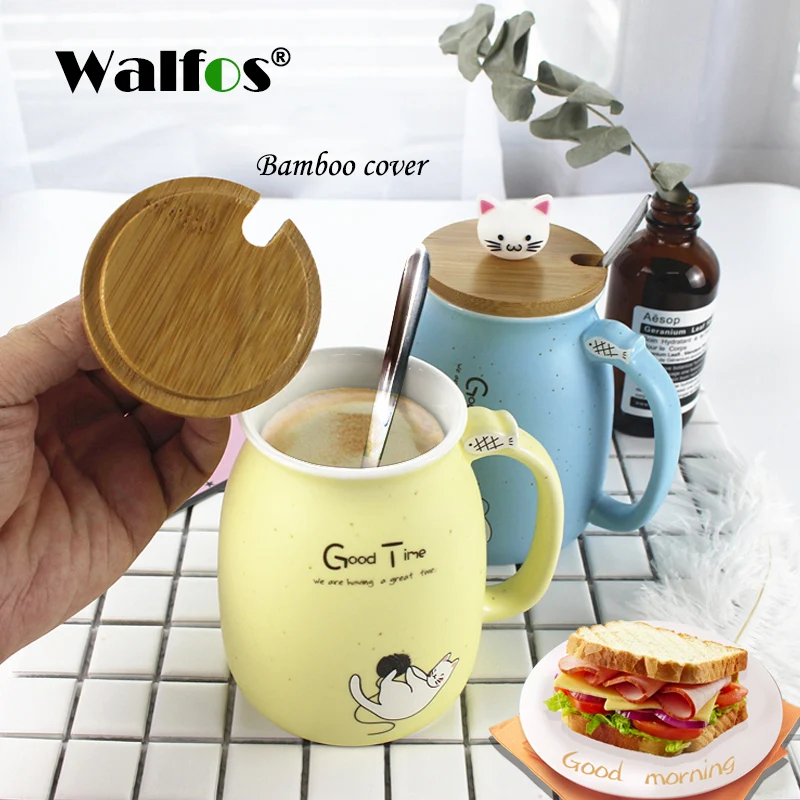 

WALFOS New Sesame Cat Heat-Resistant Cup Color Cartoon With Lid Cup Kitten Milk Coffee Ceramic Mug Children Cup