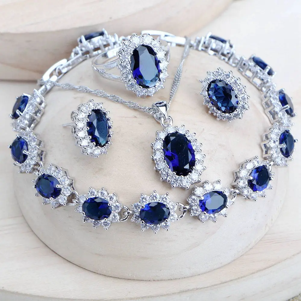 NONE 925 Silber Damen Brautschmuck-Set Blauer Zirkonia 6