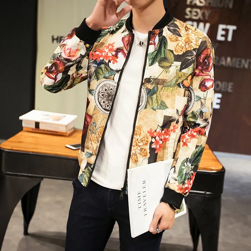 Hip Hop Men Slim Fit Flowers Pilot Bomber Men's Stand Collar Coats Male Clothing Streetwear Jacket Chaqueta Hombre