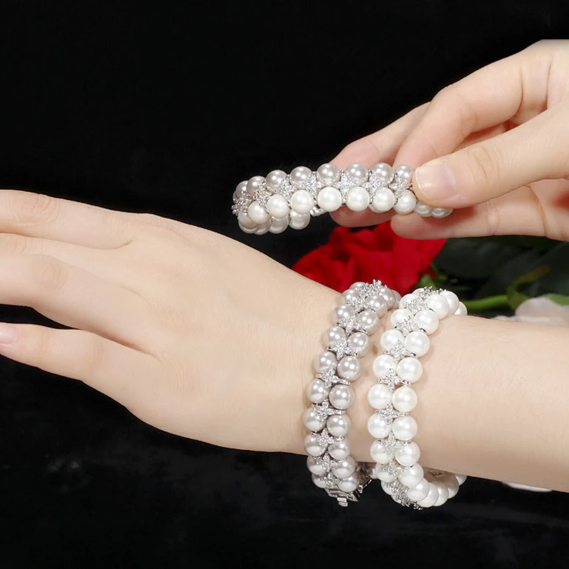 ThreeGraces New Fashion Cubic Zirconia Wide Double Row Simulated Pearl Bracelet for Women Bridal Wedding Banquet Jewelry BR384